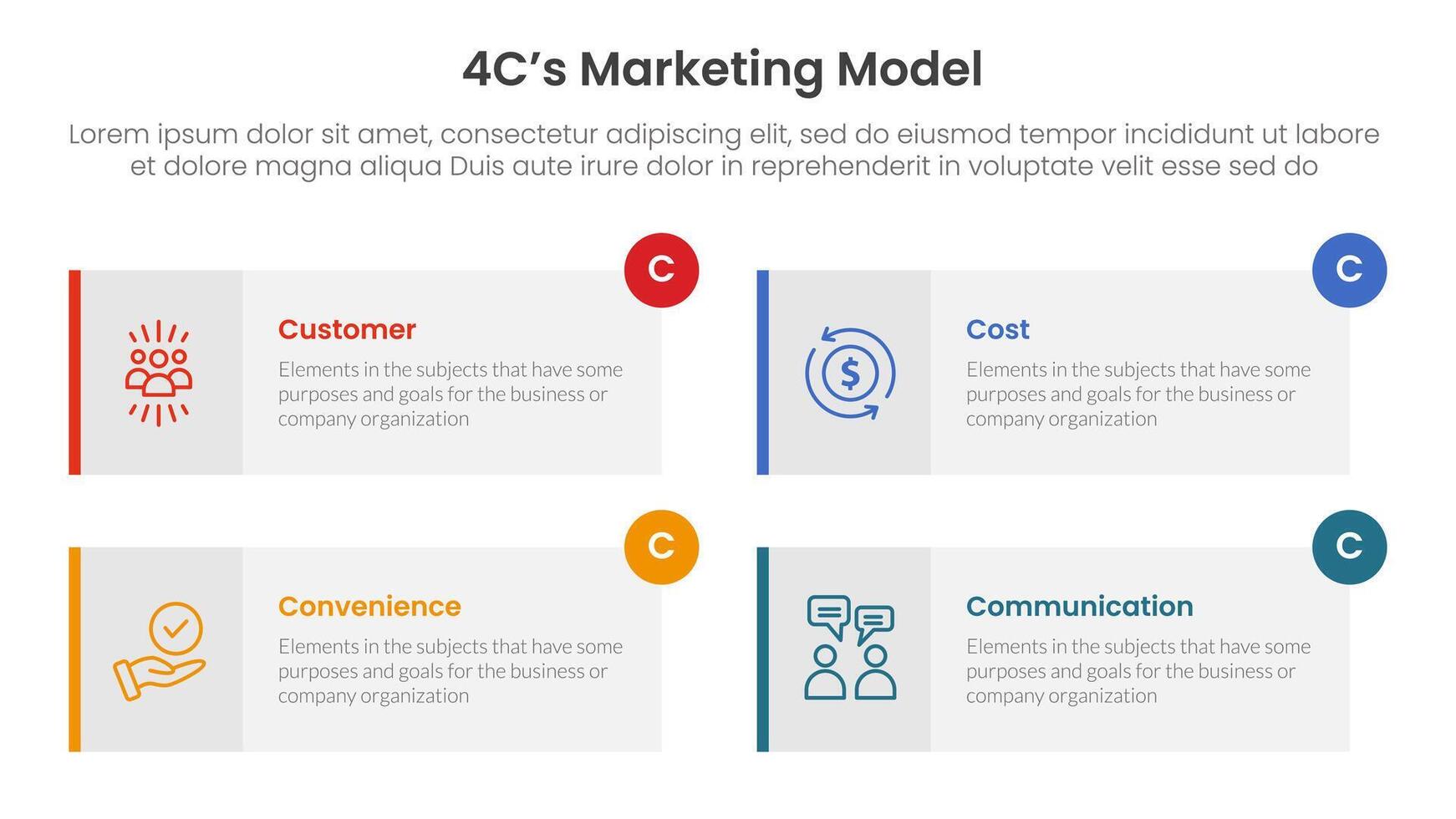4C marketing model infographic 4 point stage template with long rectangle box symmetric circle badge for slide presentation vector