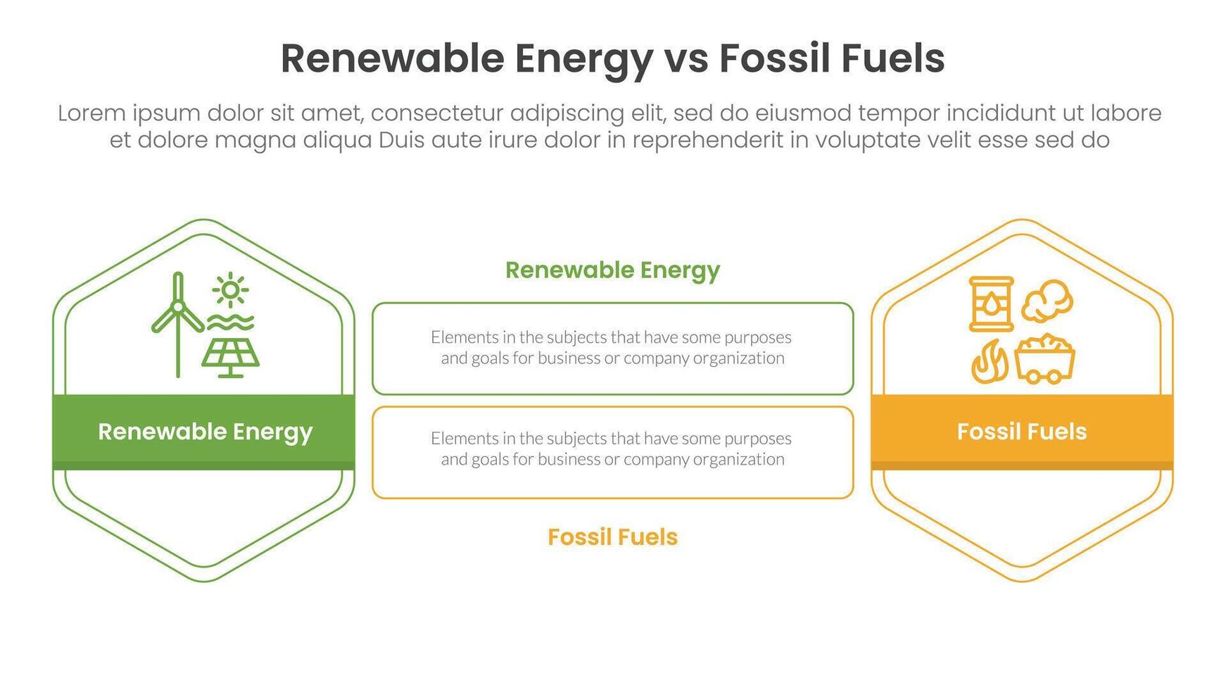 Renewable energy vs fossil fuels comparison concept for infographic template banner with hexagon outline shape and rectangle with two point list information vector