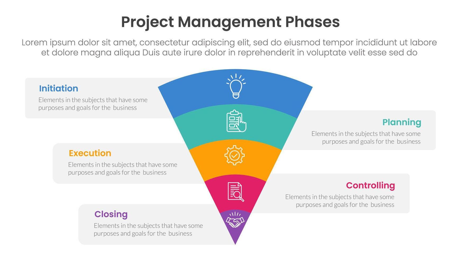 5 phase project management infographic template banner with funnel bending on center with 5 point list information for slide presentation vector