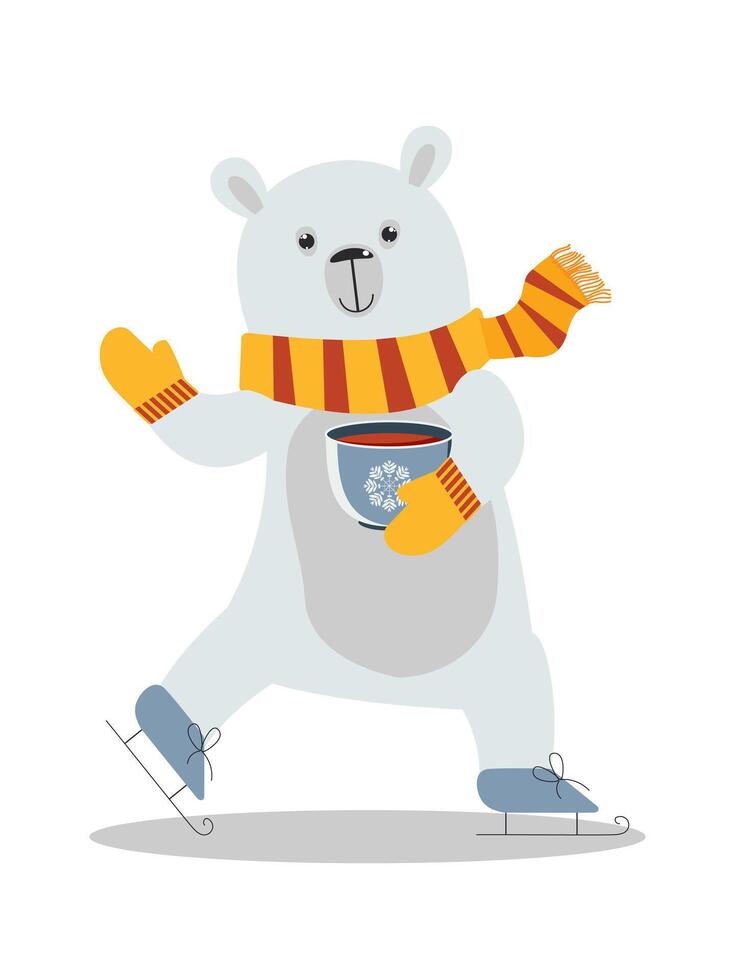 Cute cartoon polar bear drinking hot cocoa and ice skating isolated on white background for winter cards. vector