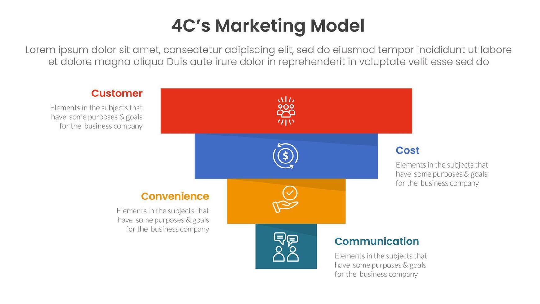 4C marketing model infographic 4 point stage template with pyramid shape reverse inverted for slide presentation vector