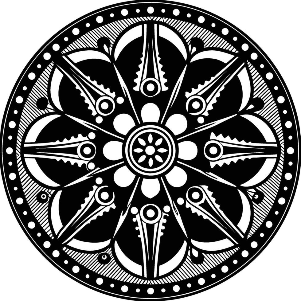 a black and white circular design with a flower in the center vector