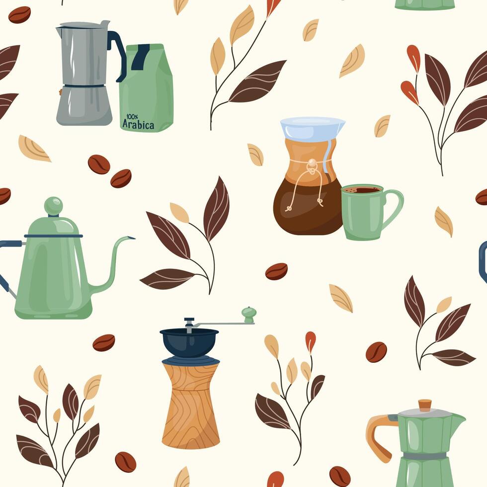 Coffee pattern with variety brewing equipment and intricate leaves creates charm cozy mood. Warm shades of seamless background create coziness and tranquility ideal for print, fabric, textile vector