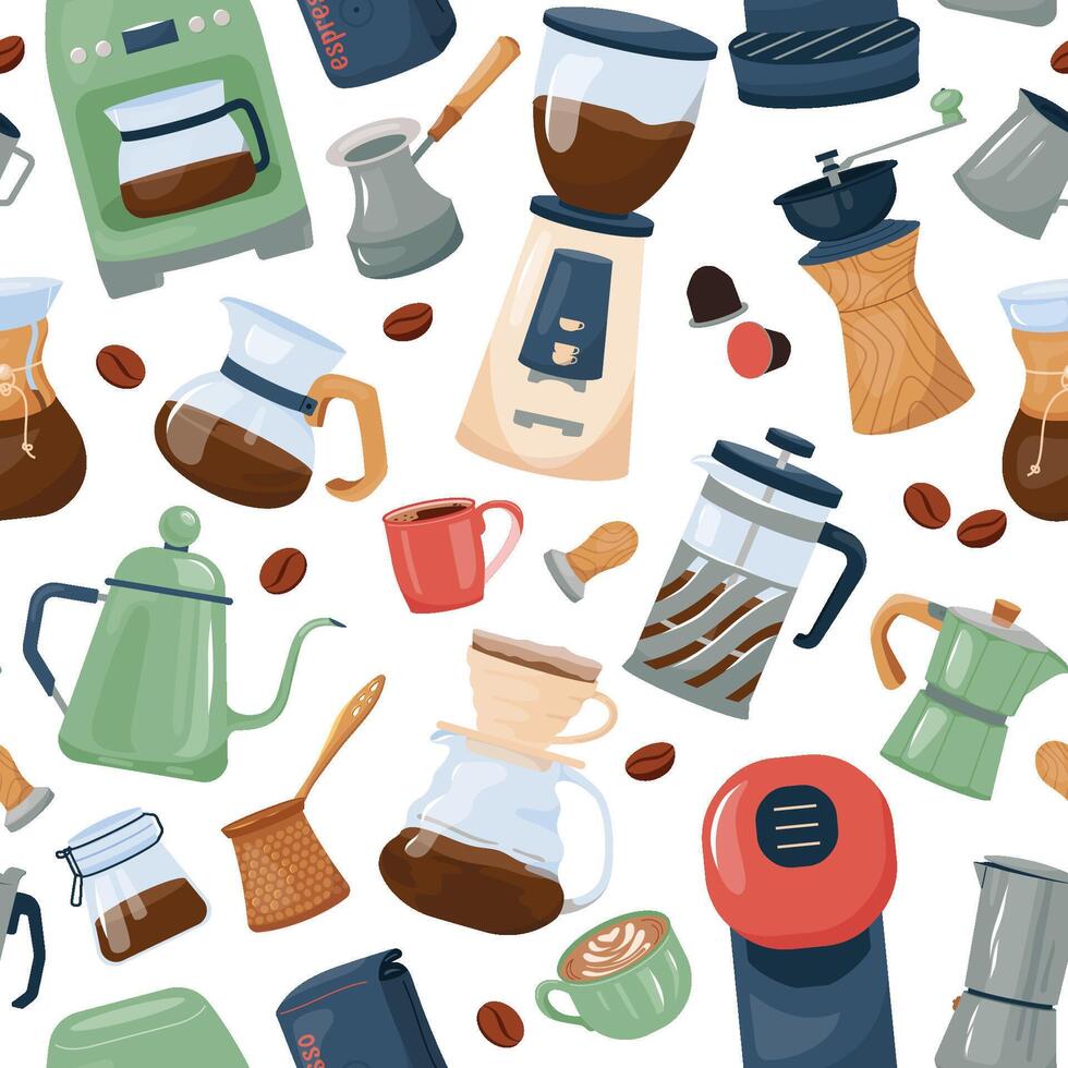 Aesthetic coffee seamless background. Coffee pattern featuring variety brewing equipment. french press, grinder, cezve, moka. Textile print design with cups mugs with Latte or Cappuccino drinks vector