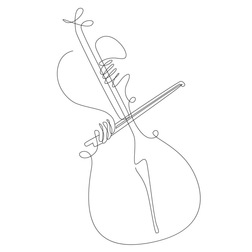 Cellist hands playing cello line, the bow on the strings cello closeup, cello music player continuous one line drawing minimalist vector