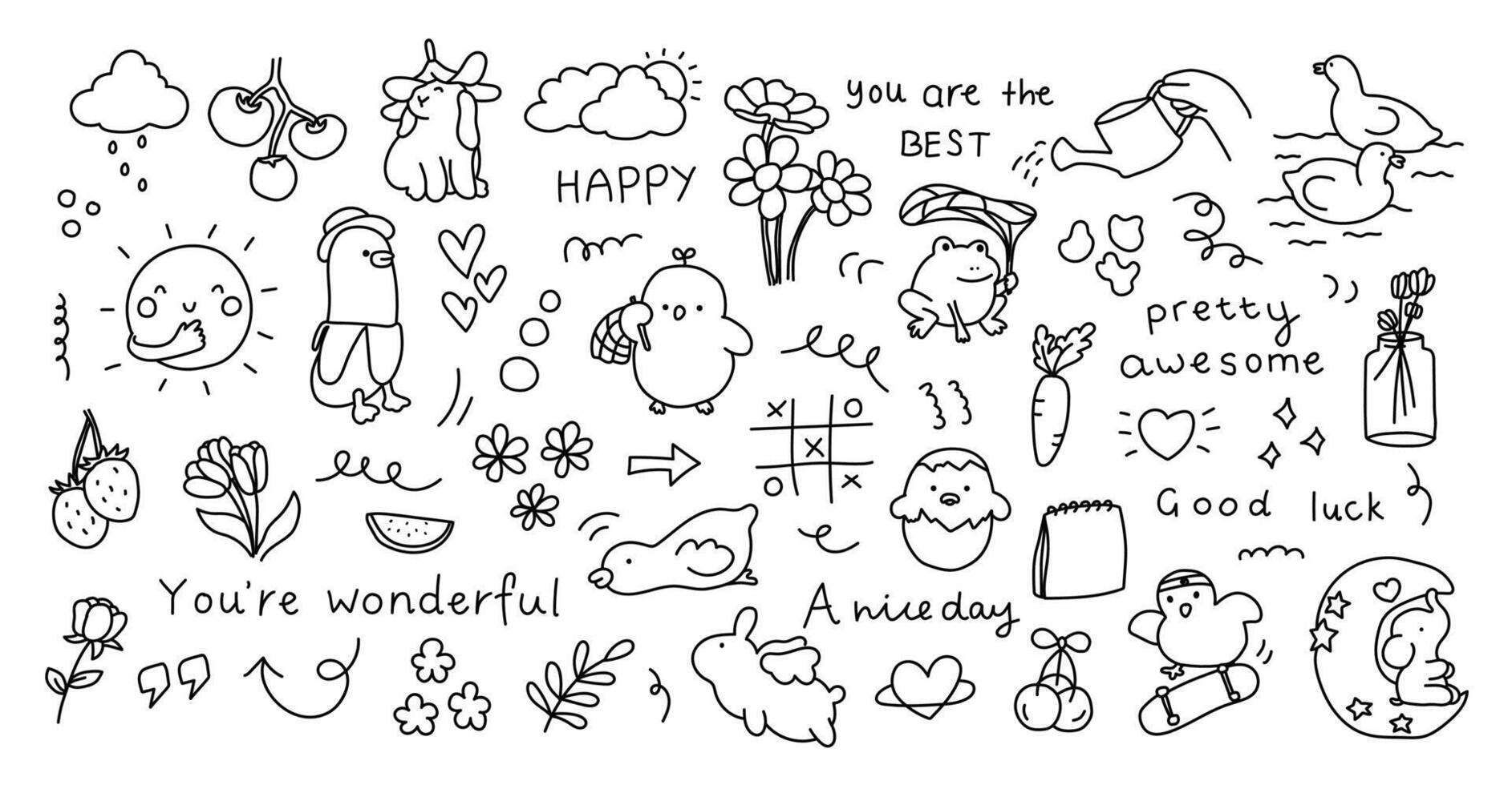 Random hand drawn doodle with tomatoes, flowers, frog, chick, duck, carrots, sun, line doodle vector