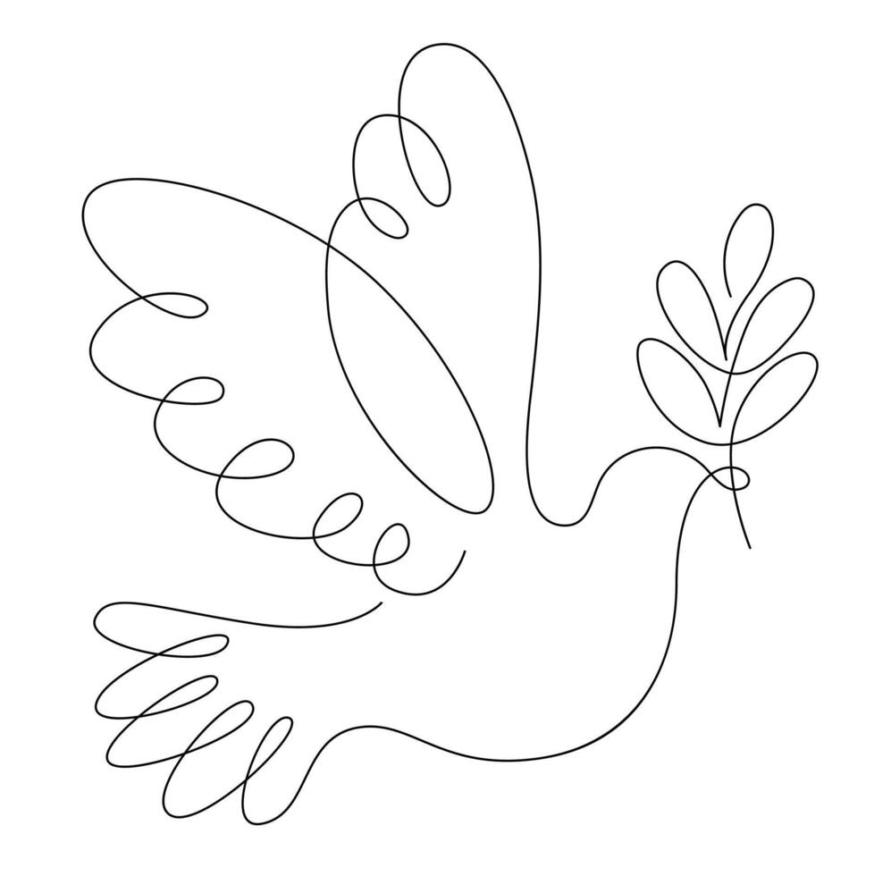 Dove with olive branch, symbol of peace and hope, One continuous line drawing of flying dove with olive branch vector