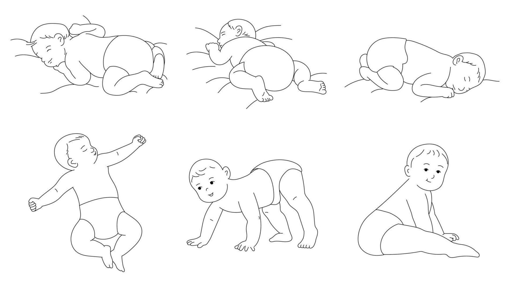 Cute baby sleeping, smiling baby lying on a bed, baby crawling, sitting line vector