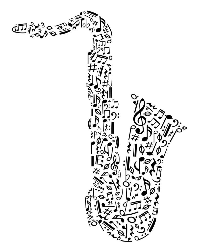 Saxophone, musical notes melody in saxophone shape, Music notes symbol vector