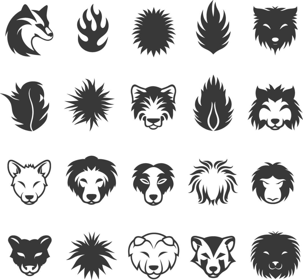 A Collection Of 20 Black And White Animal Head And Abstract Icons vector