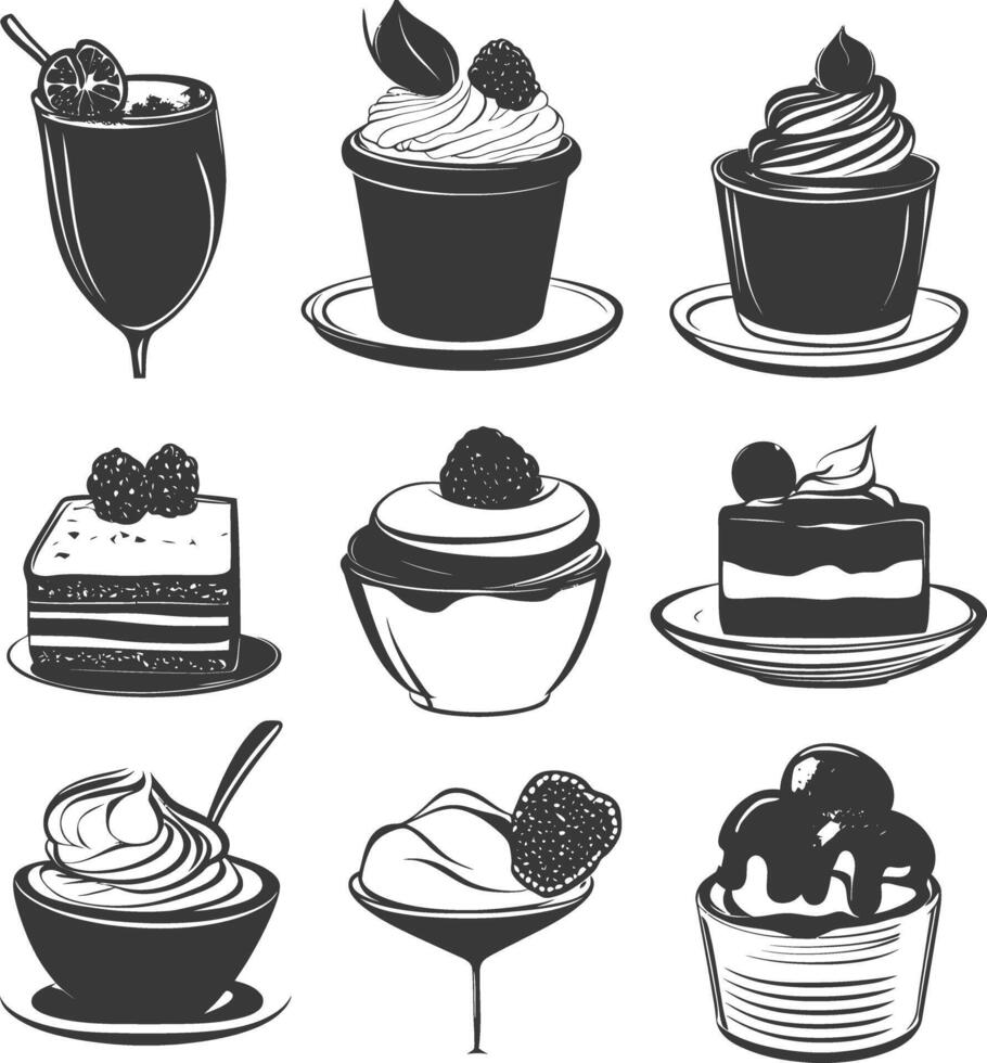A Collection Of Black And White Desserts With Fruit And Cream vector