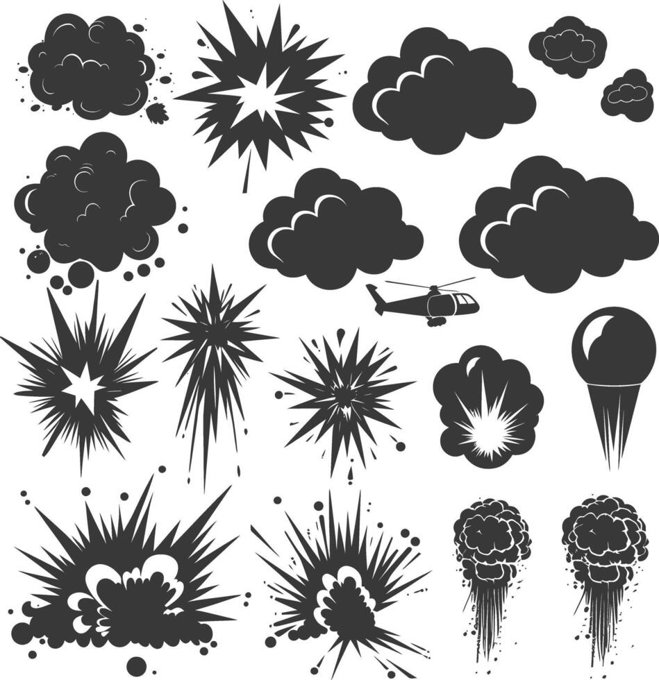 A Collection Of Black And White Explosion And Smoke Graphic Elements vector
