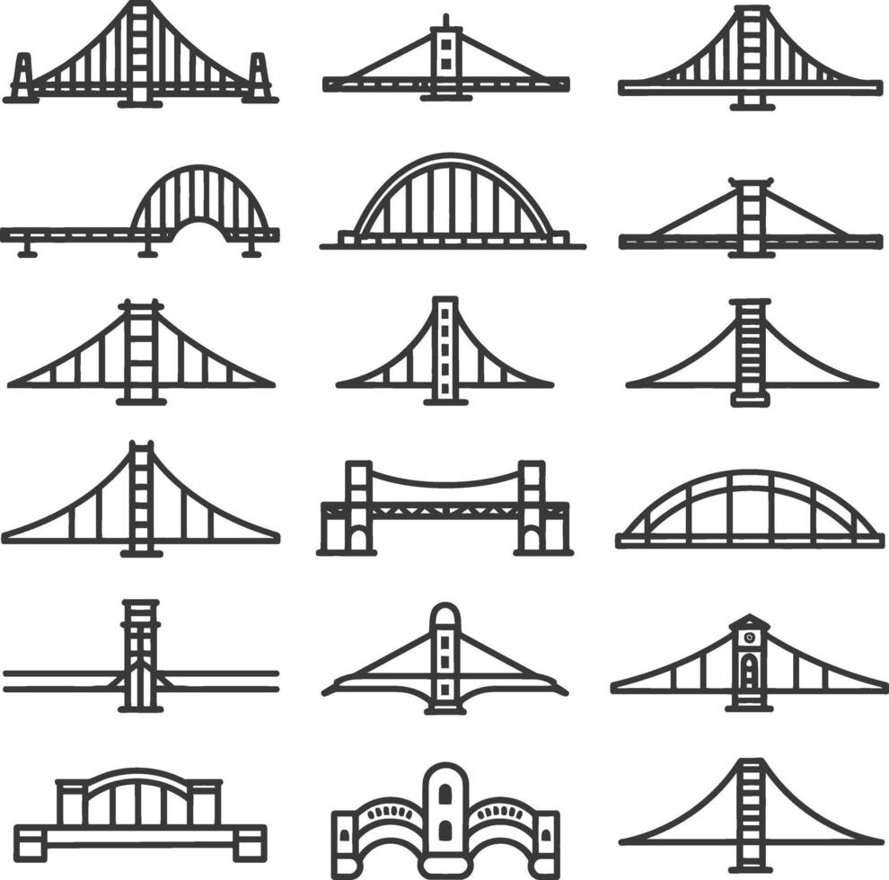 A Collection Of Black And White Bridge Line Drawings vector