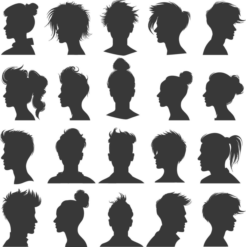 A Collection Of 24 Diverse Hairstyle Silhouettes In Profile vector