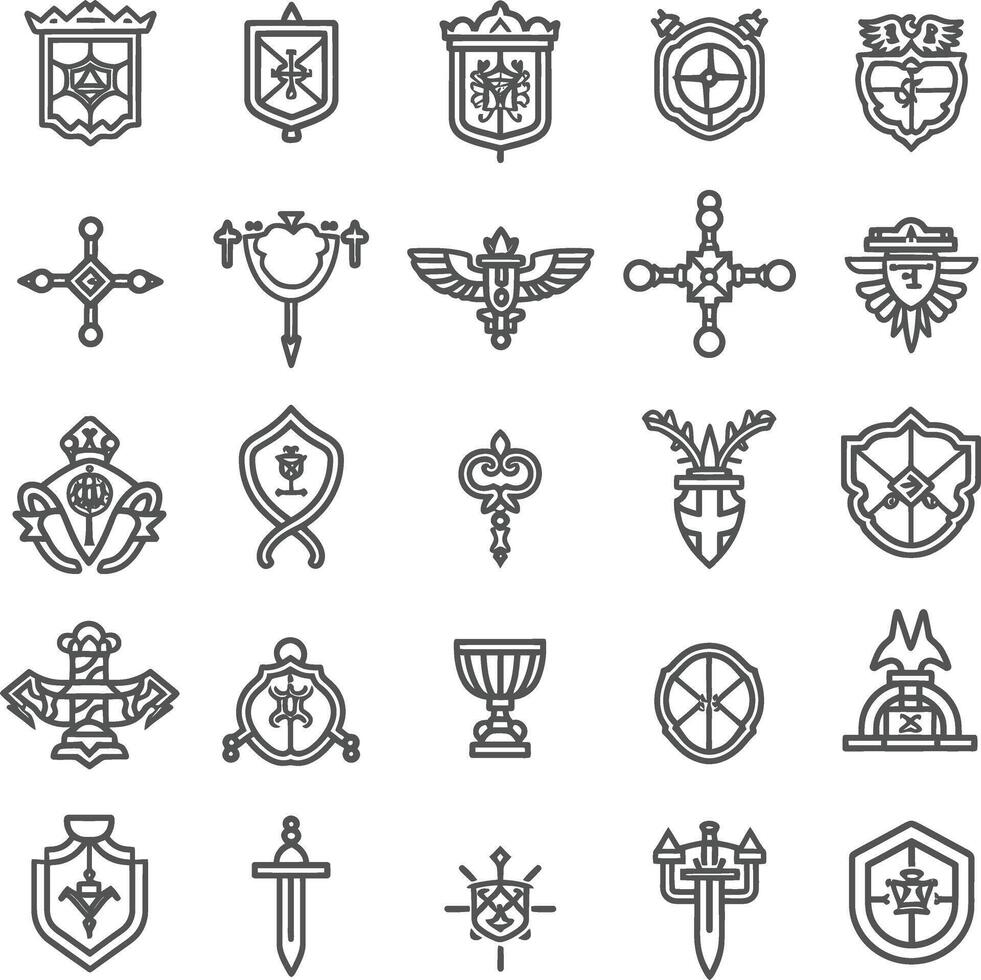 A Collection Of 25 Black And White Line Art Heraldic Icons vector