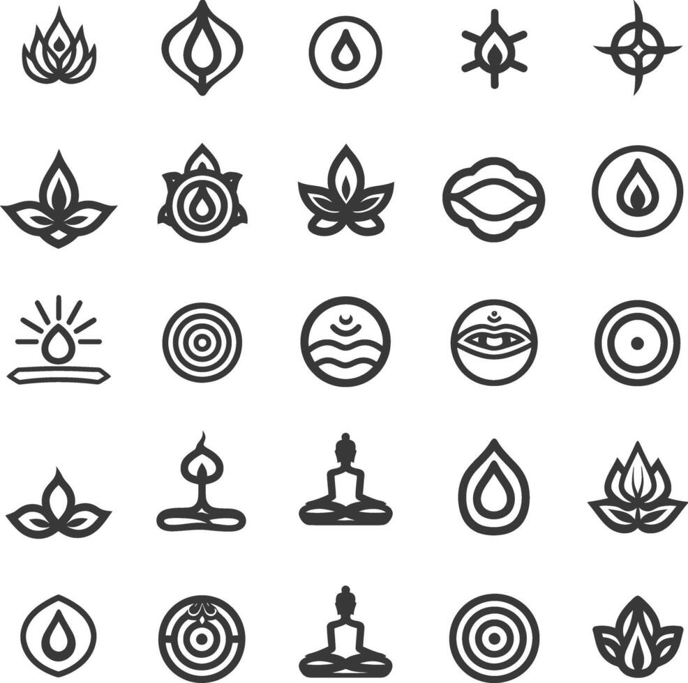 A Collection Of 25 Black And White Line Art Icons Representing Meditation And Spirituality vector