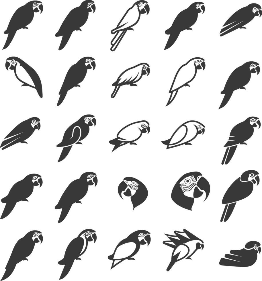 A Collection Of 25 Black And White Parrot Silhouettes vector