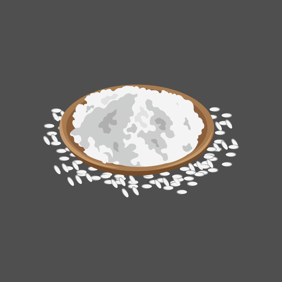 Editable illustration of rice flour powder on a wooden bowl vector