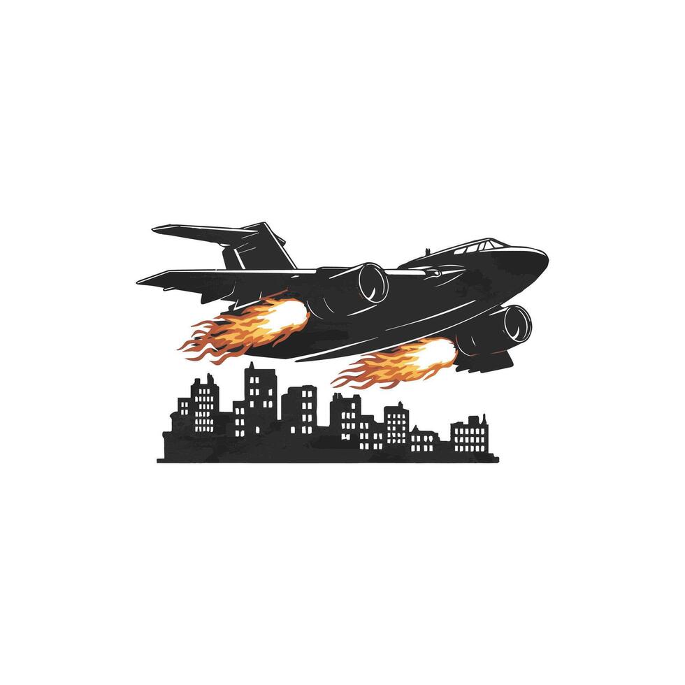 A jet plane flying over a city with flames vector