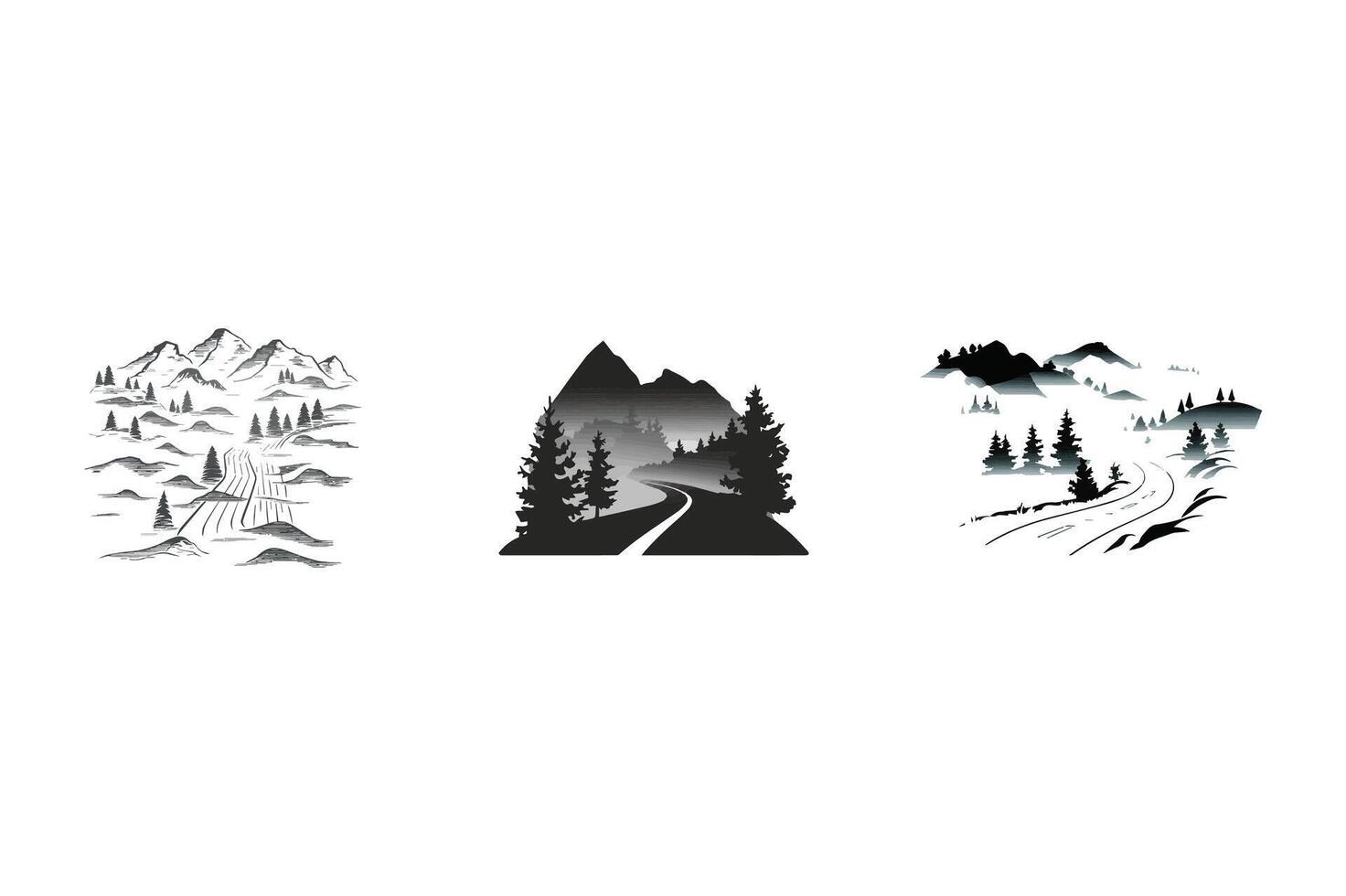 Four different mountain and forest scenes with trees and mountains vector