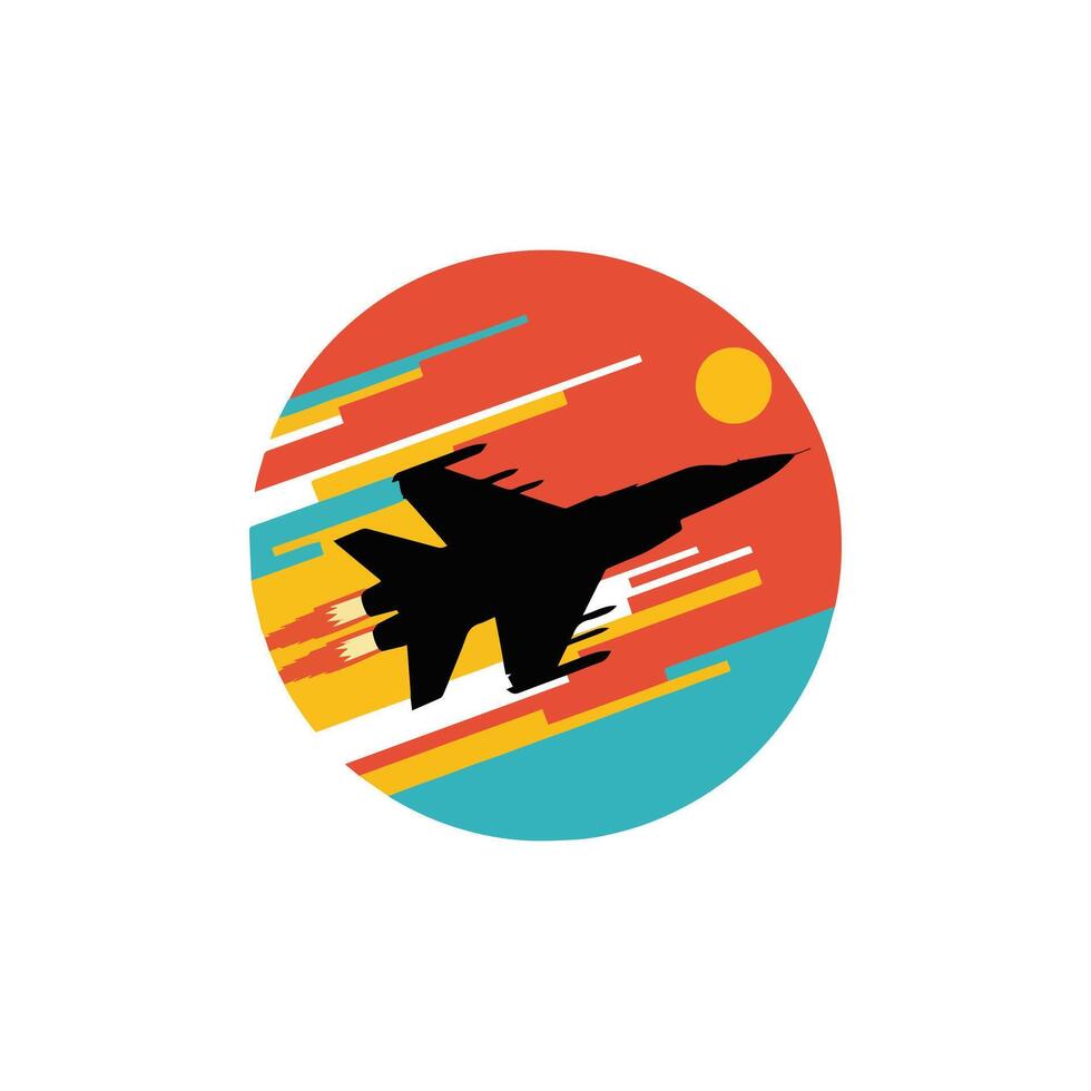 A jet flying over a colorful background vector
