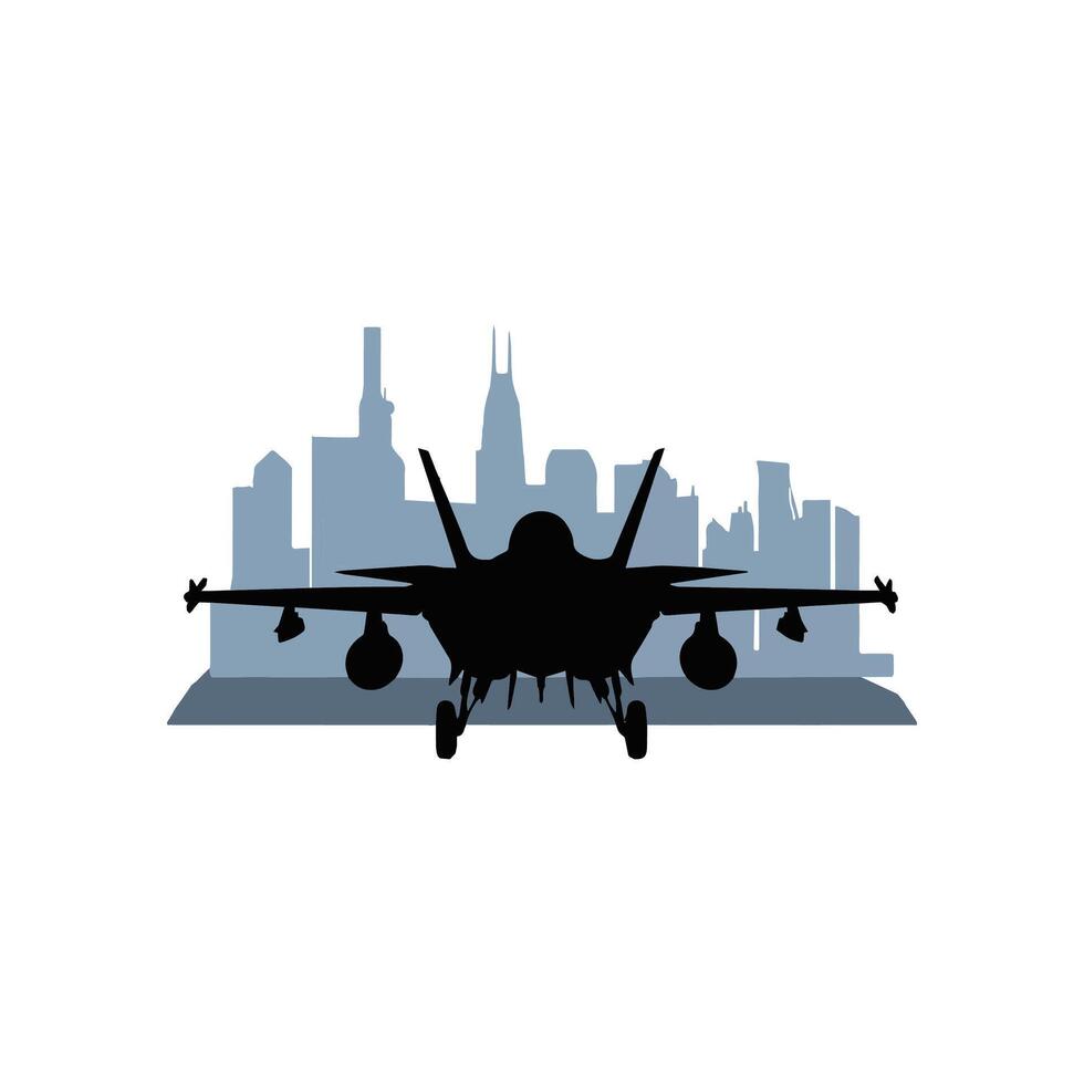 A fighter jet is flying over a city skyline vector