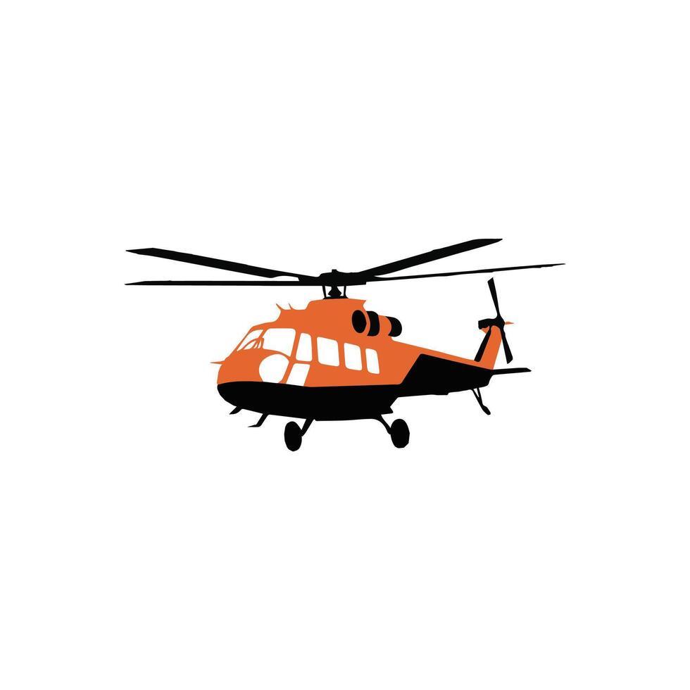 A helicopter is shown in an orange and black color vector