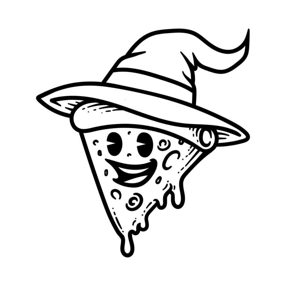 fun cartoon of sliced pizza with witch hat isolated drawing line art style sketch classic vintage design illustration vector