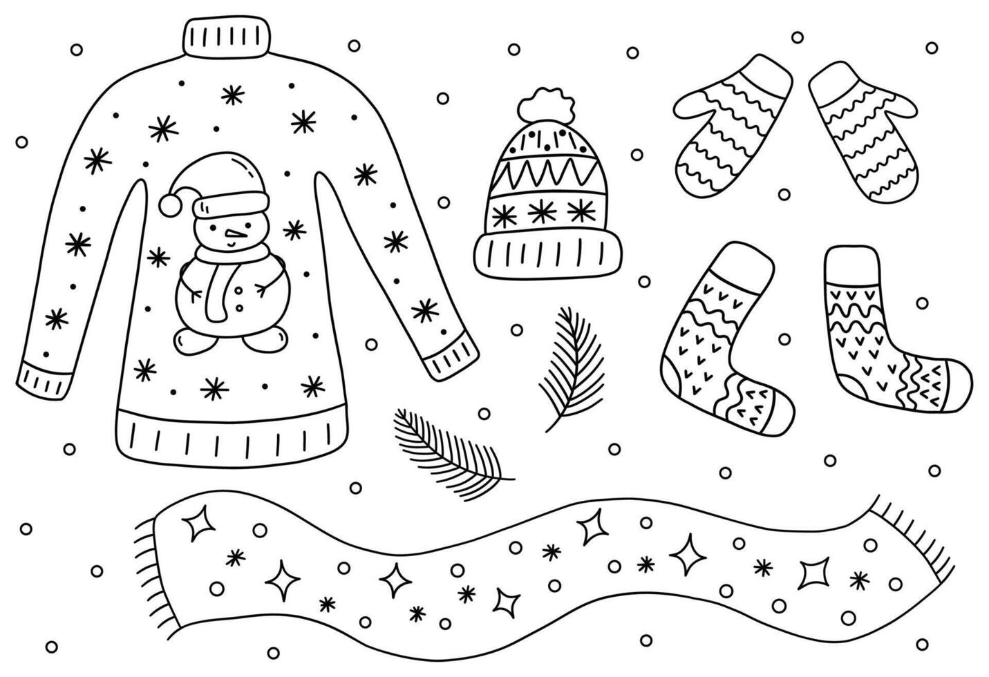 Set of winter season clothes black and white vector
