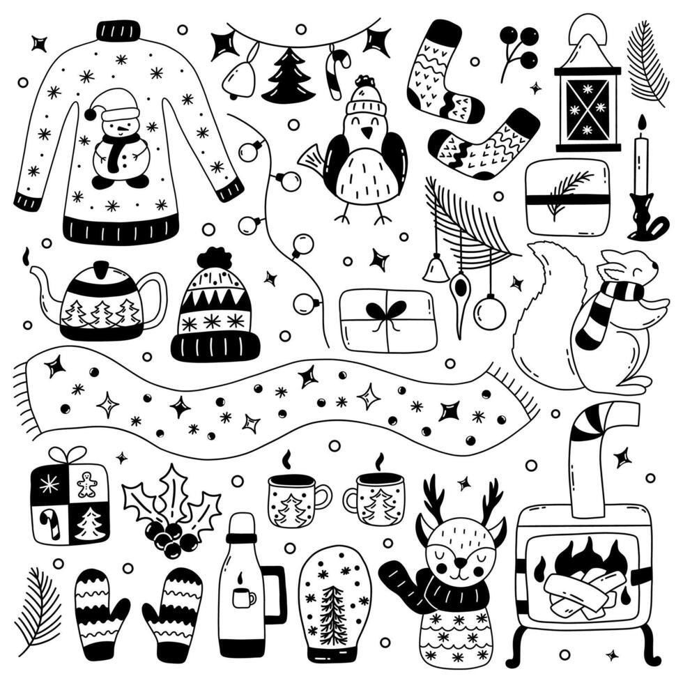 Set of winter season elements black and white vector