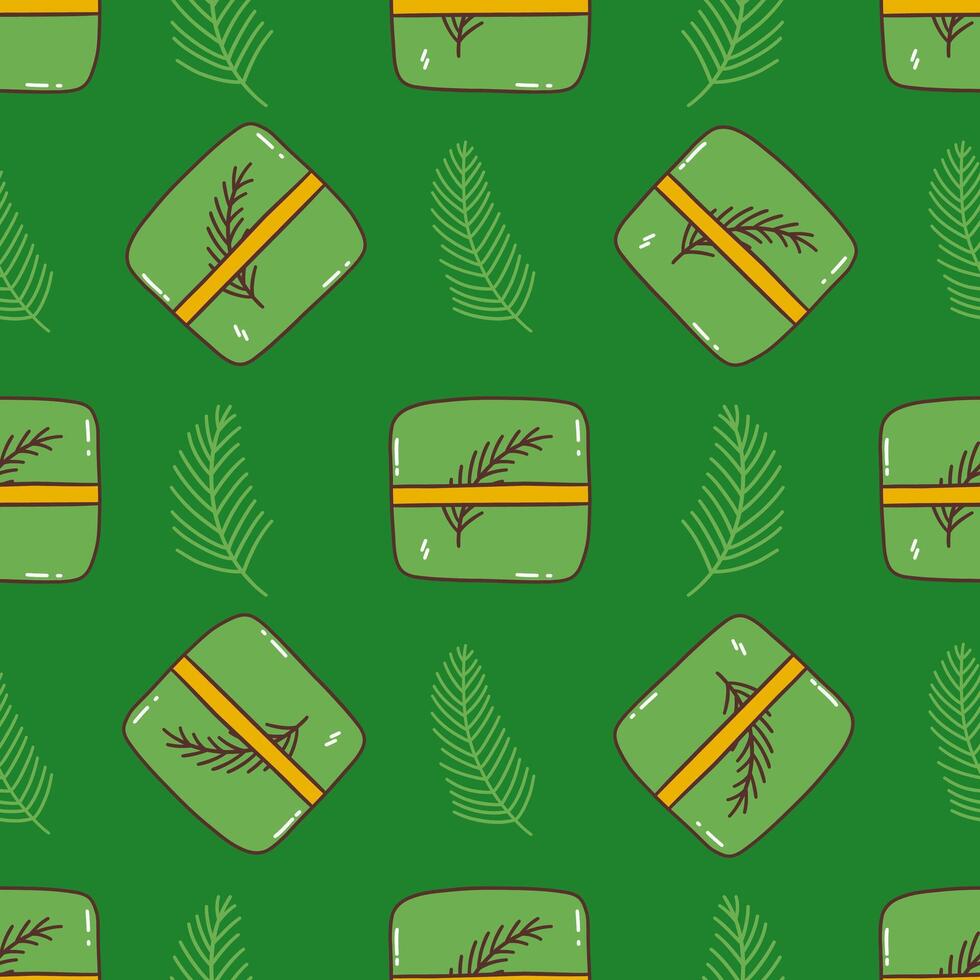 Seamless pattern. Festive green gift box with spruce twig. vector