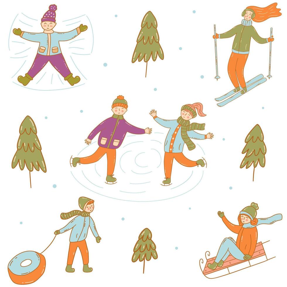 Winter outdoor activities for people. hand drawn vector