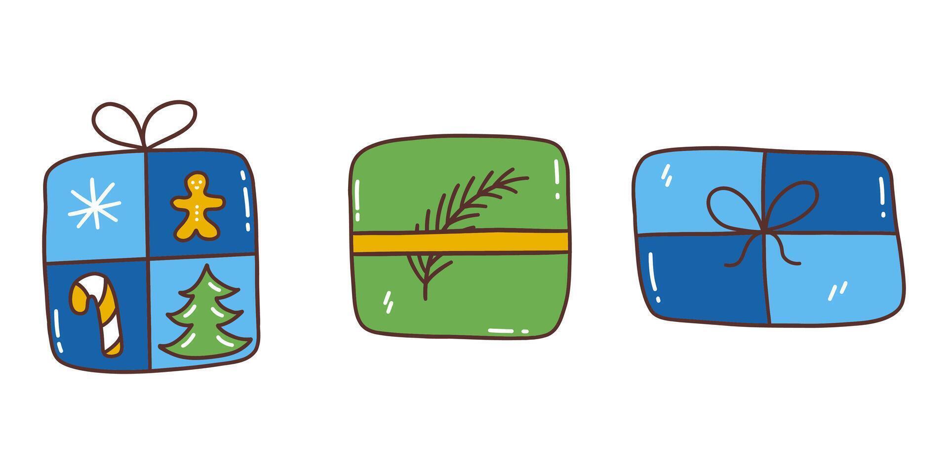 Three cute festive gift boxes. Winter holiday. doodle vector