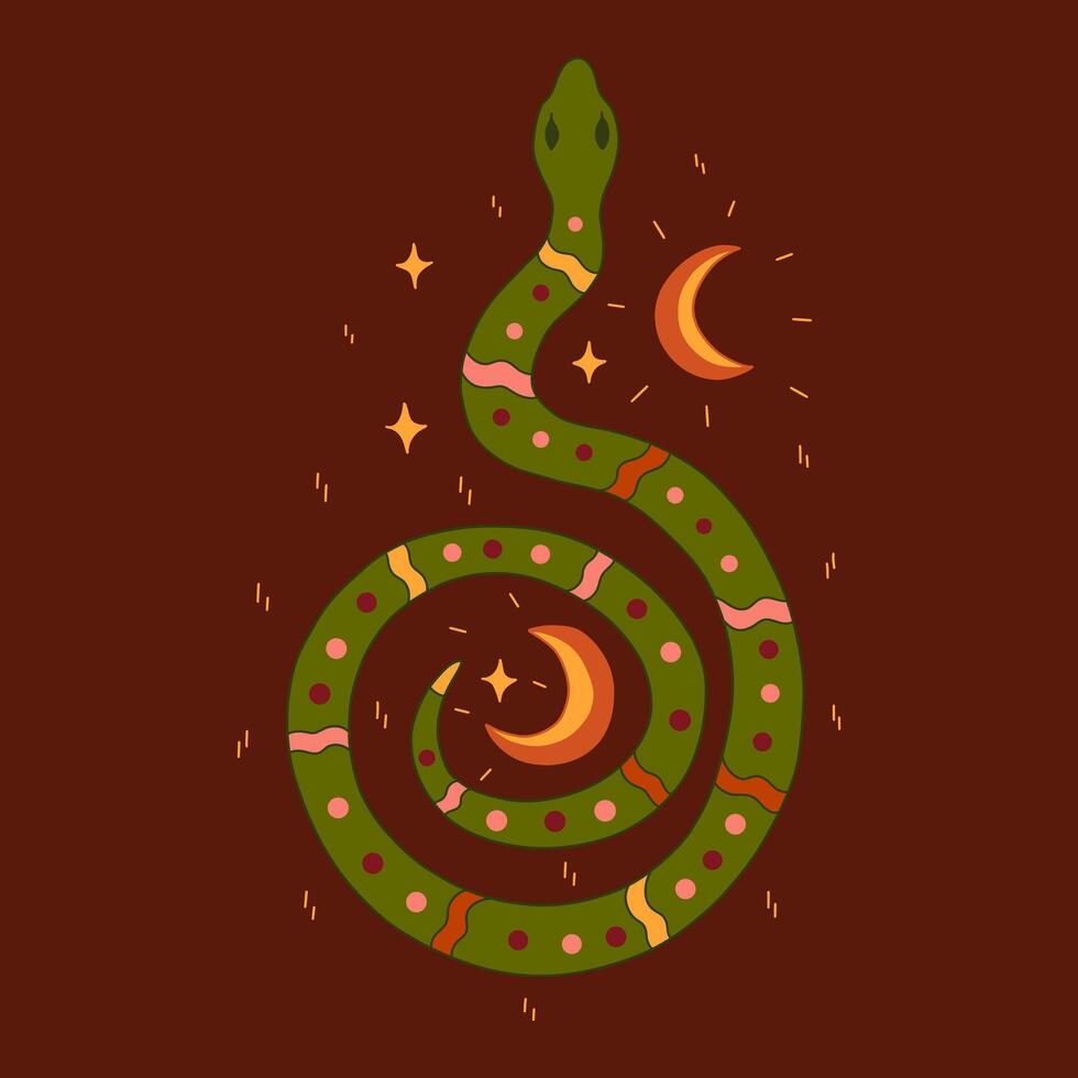 Mystical green snake among crescents and stars. vector