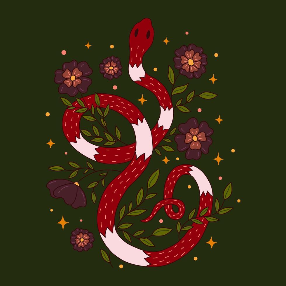 Mystical red snake among flowers, leaves and stars. vector