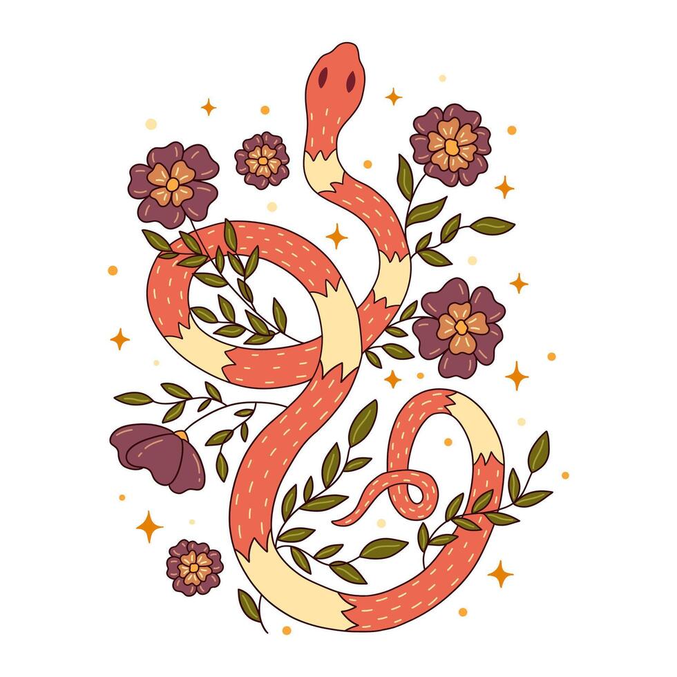 Red snake among flowers, leaves and stars. vector