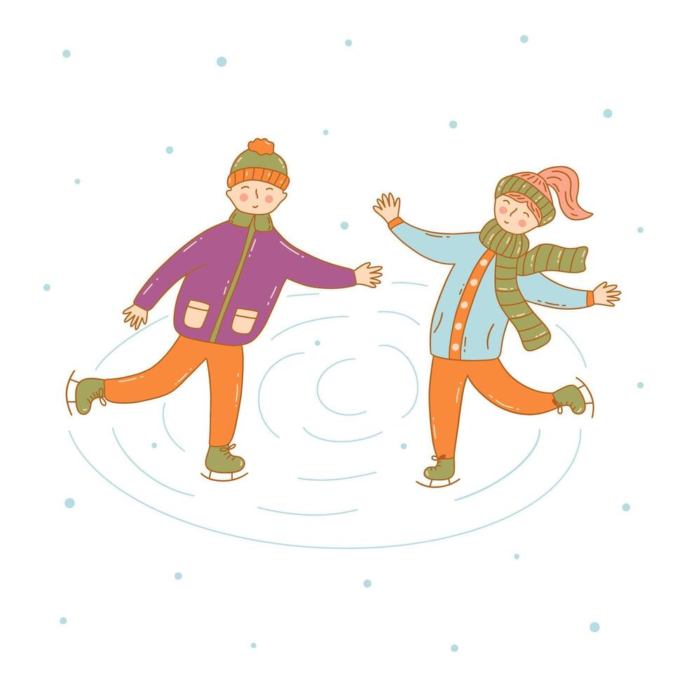 Boy and girl skating on ice. Winter fun. vector