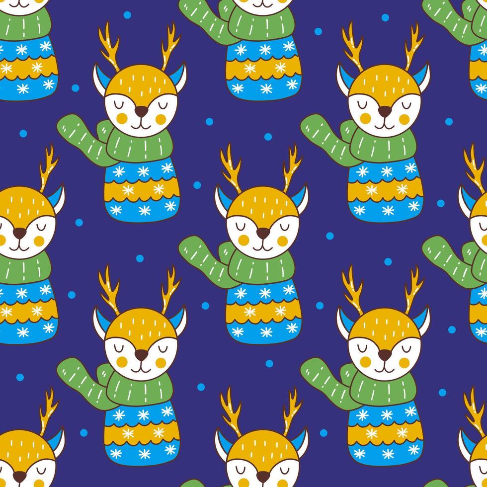 Seamless Christmas pattern with deer in green scarf. vector