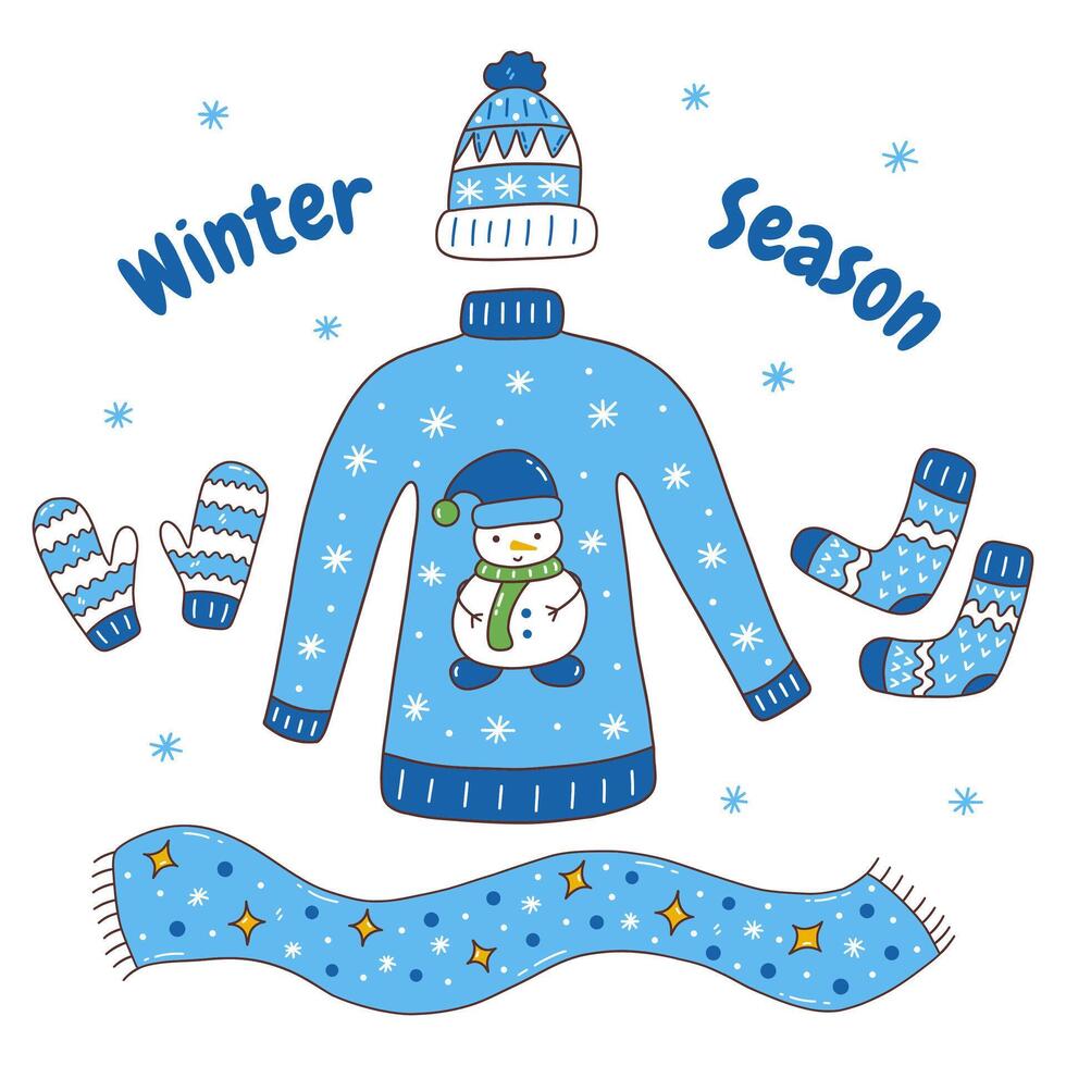 Set of winter season clothes on white background vector