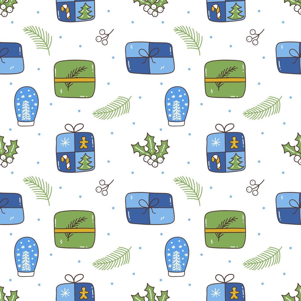 Seamless pattern. Snow glass ball, gift box, holly berry. vector