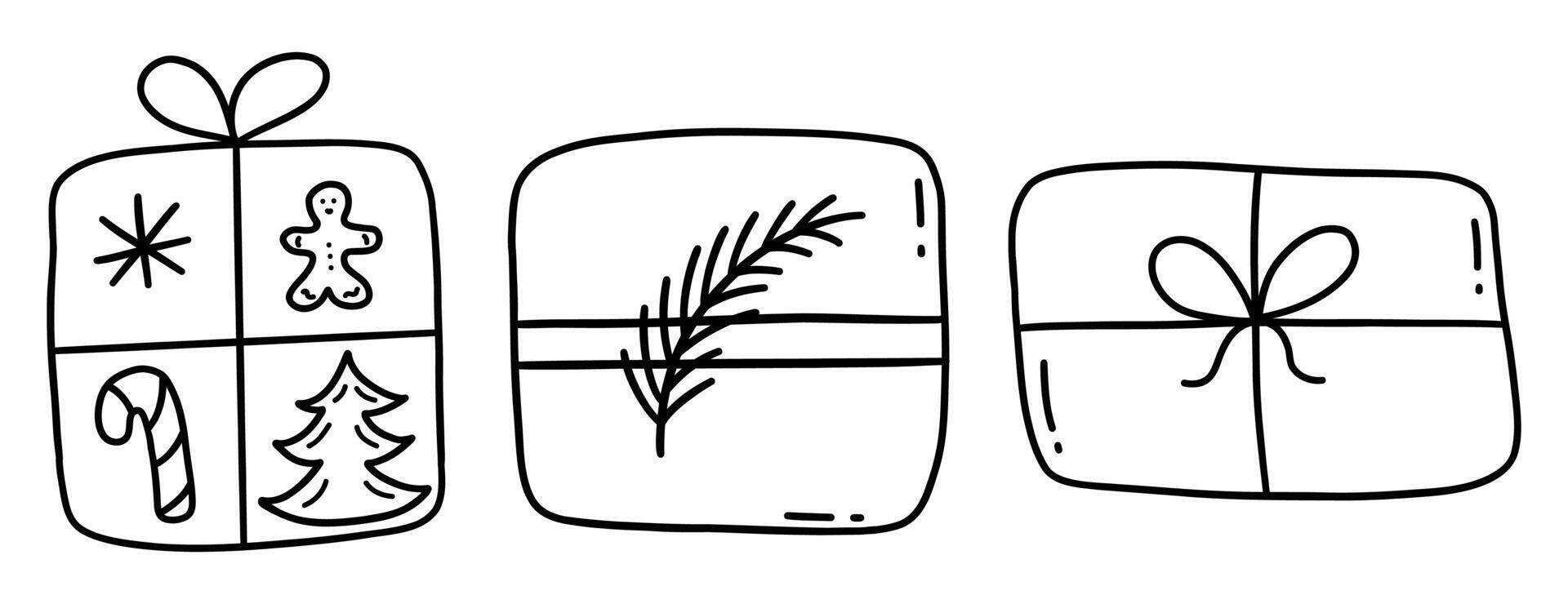 Three cute festive gift boxes. Winter season. doodle vector