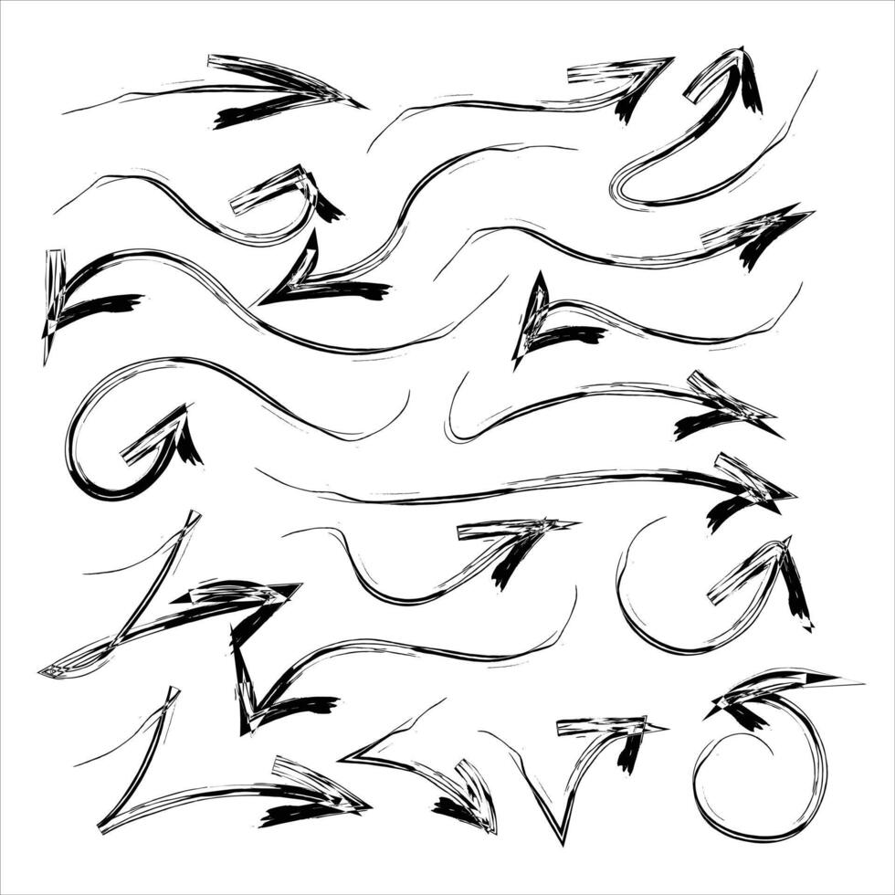 Hand drawn arrow collection. Mark here. Arrow brush line. vector