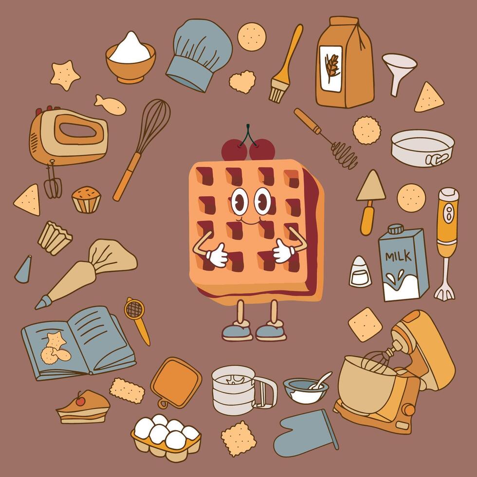 Colorful collection of baking accessories and cherry flavored waffle. Doodle illustrations of cooking items on the background of mochi mousse 2025. illustration vector