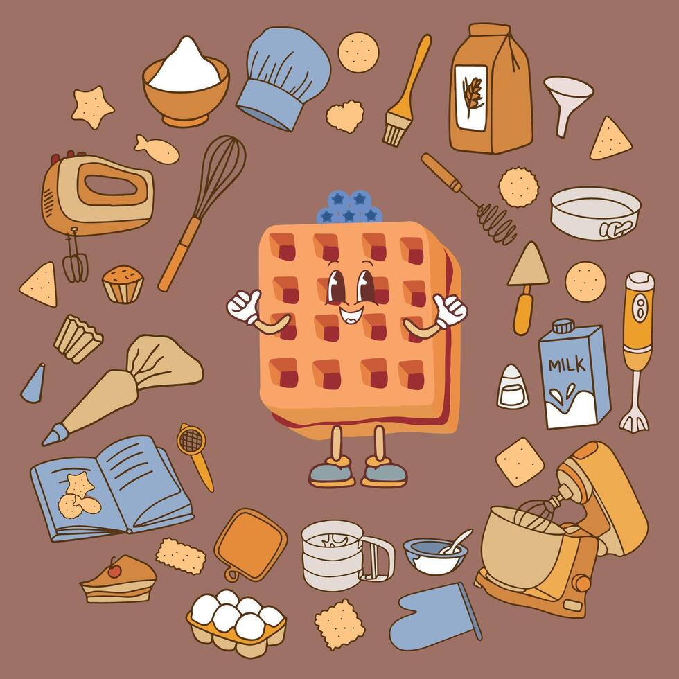 Colorful trendy collection of baking accessories. Set of kitchen utensils for cooking in doodle style on 2025 Mocha Mouss background. . vector