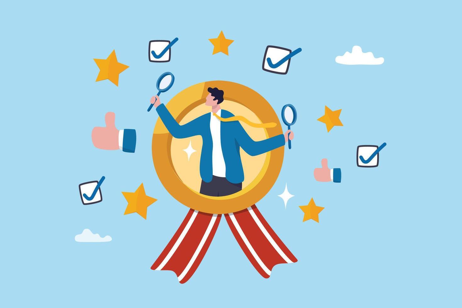 QA quality assurance or quality control to approve or guarantee customer trust and confidence, policy commitment, customer satisfaction concept, businessman with magnifier to assure product quality. vector