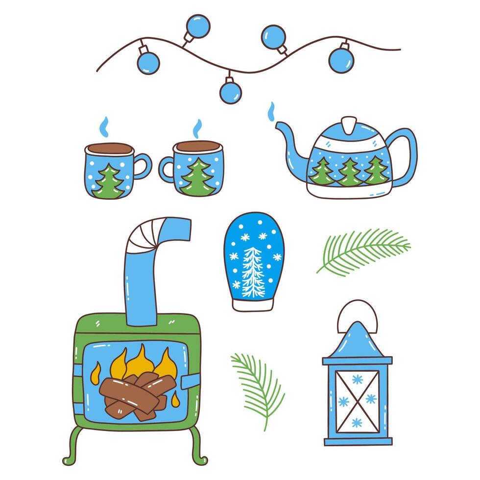 Set of winter season warm elements on white background vector