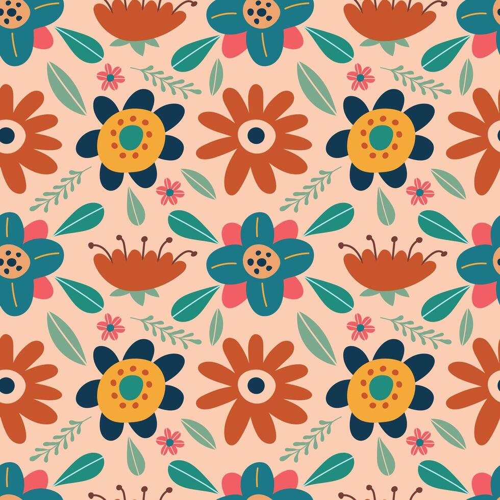 Floral seamless pattern. Folk boho flowers on a beige background. illustration for background, wrapping paper, fabric, bed linen, wallpaper vector