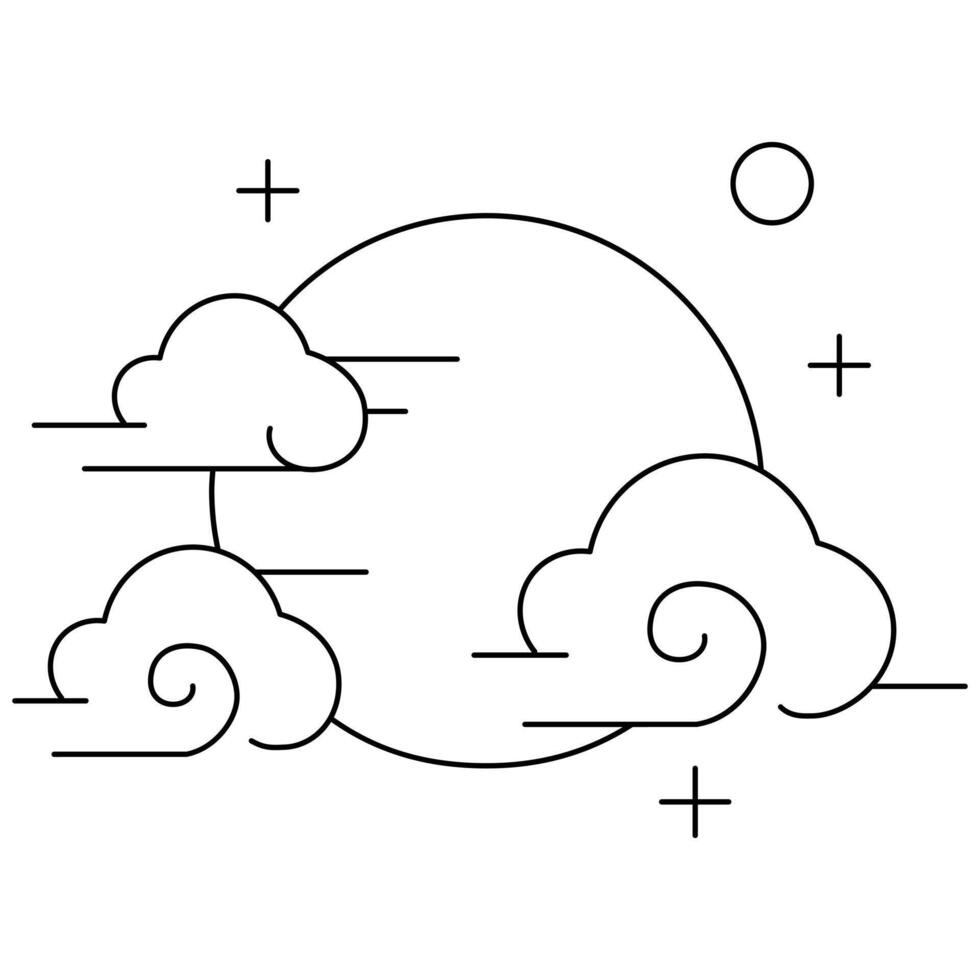 Oriental moon and clouds thin line icon. Chinese style sky, moon, and clouds illustration vector