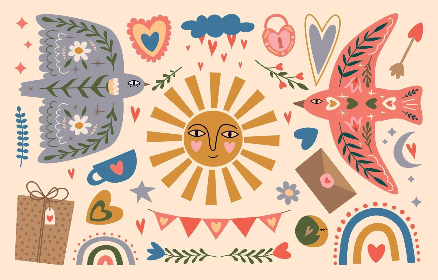 Valentine's day boho set. Folk bird, heart, sun and other festive elements. illustration for your design vector