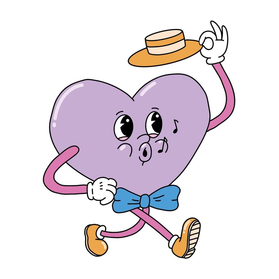 Valentine's day retro cartoon character of heart mascot for prints, stickers, cards, posters, banners, invitations, sublimations, etc. EPS 10 vector